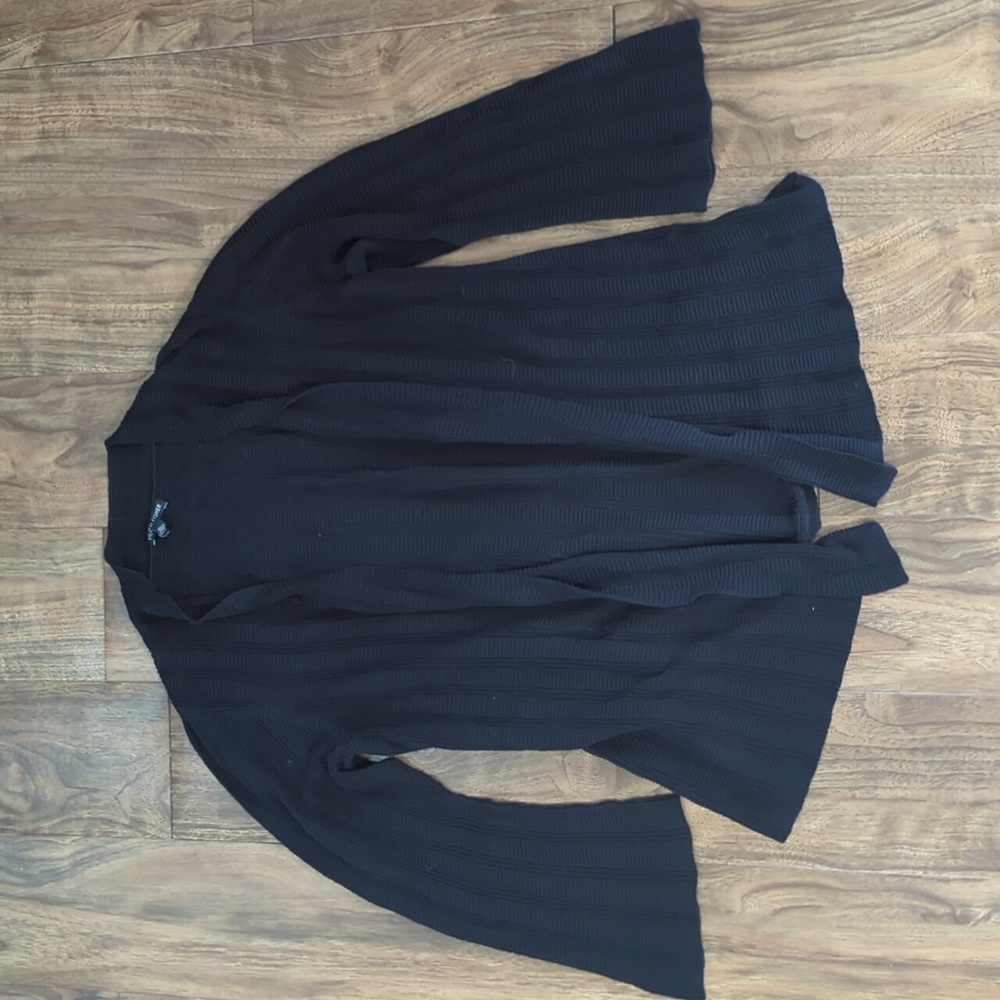 Eileen Fisher Black Silk Linen Bell Sleeve Open-Front Cardigan